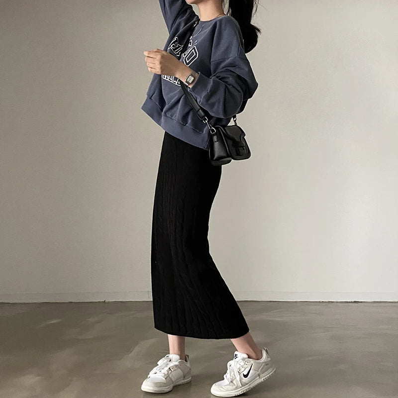 Solid Knitted Skirts For Women 2023 Fashion Autumn Winter Slim Long Skirt Vintage Casual Elastic High Waisted Straight Skirt New