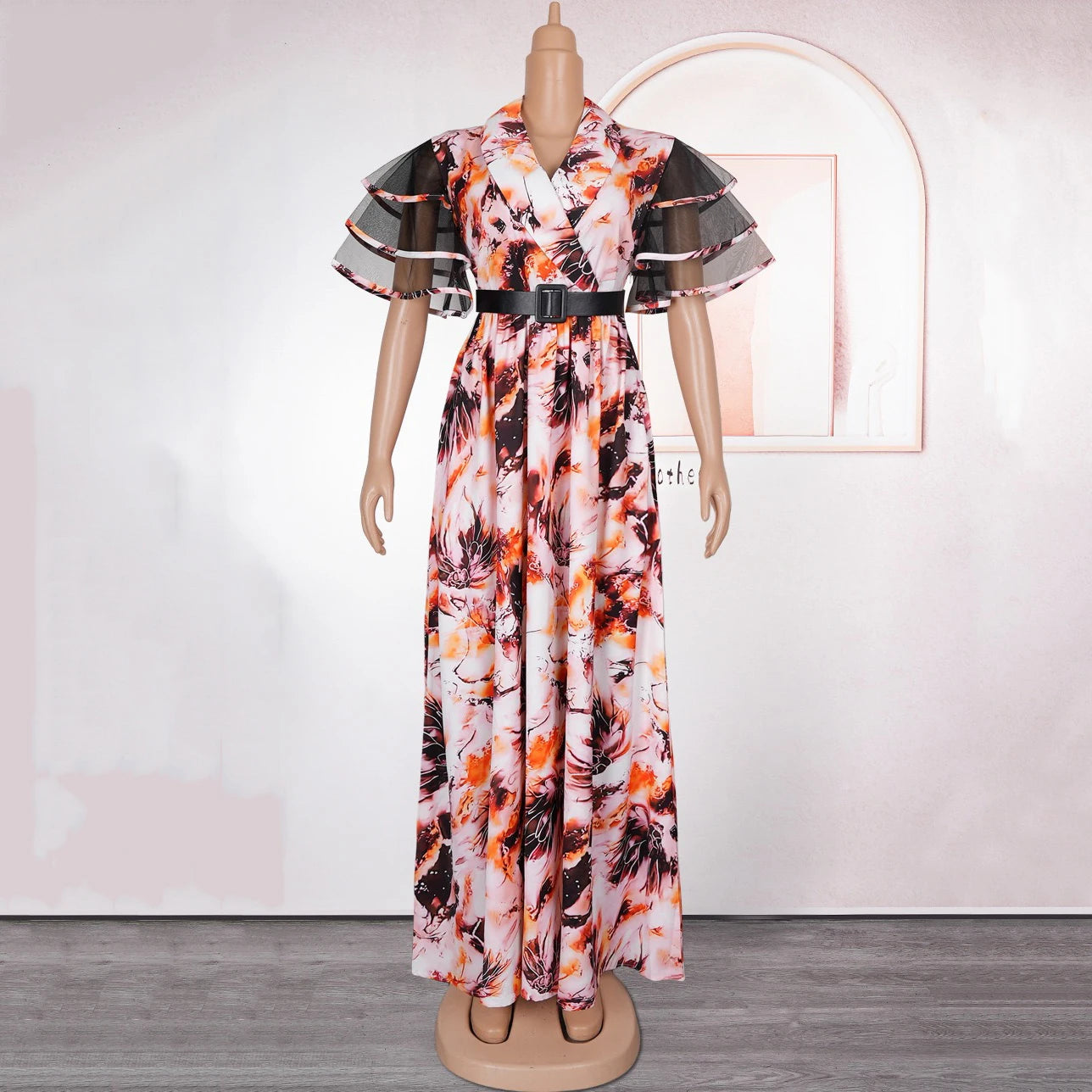 Elegant Printed Dresses for Woman V Neck Ruffles Sleeve Belt Waisted Ankle Length Luxury Birthday Party Dinner Vestidos Mujer