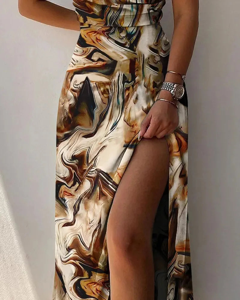 Elegant Women Sexy Dresses Summer Fashion Print Gradient Solid Out Off Shoulder V-Neck Female Camisole Dress Bandage Dress