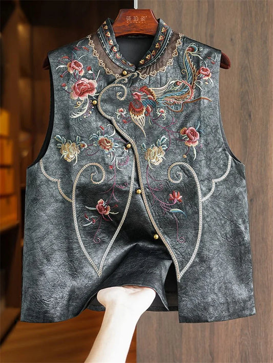 New Outerwear Women's Jackets National Wind Chinese Style Stand Collar Heavy Industry Embroidery Vest new Buckle vest retro top