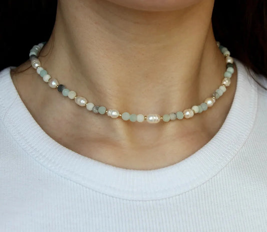 Handmade necklace made of real semi-precious stone and freshwater pearls Crystal Jewelry Cluster Necklace
