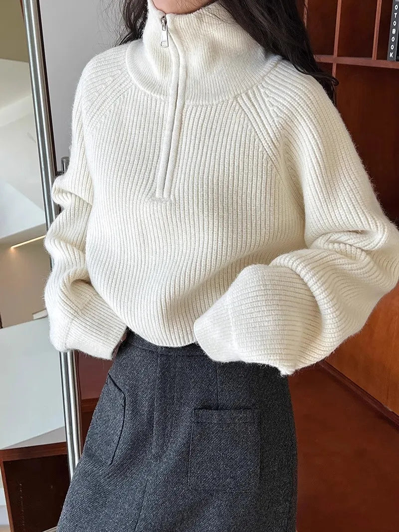 Sweater Pullover Women Autumn Winter 2025 New Zipper Underlay Loose Short Style Popular Premium Sweater Female Tops