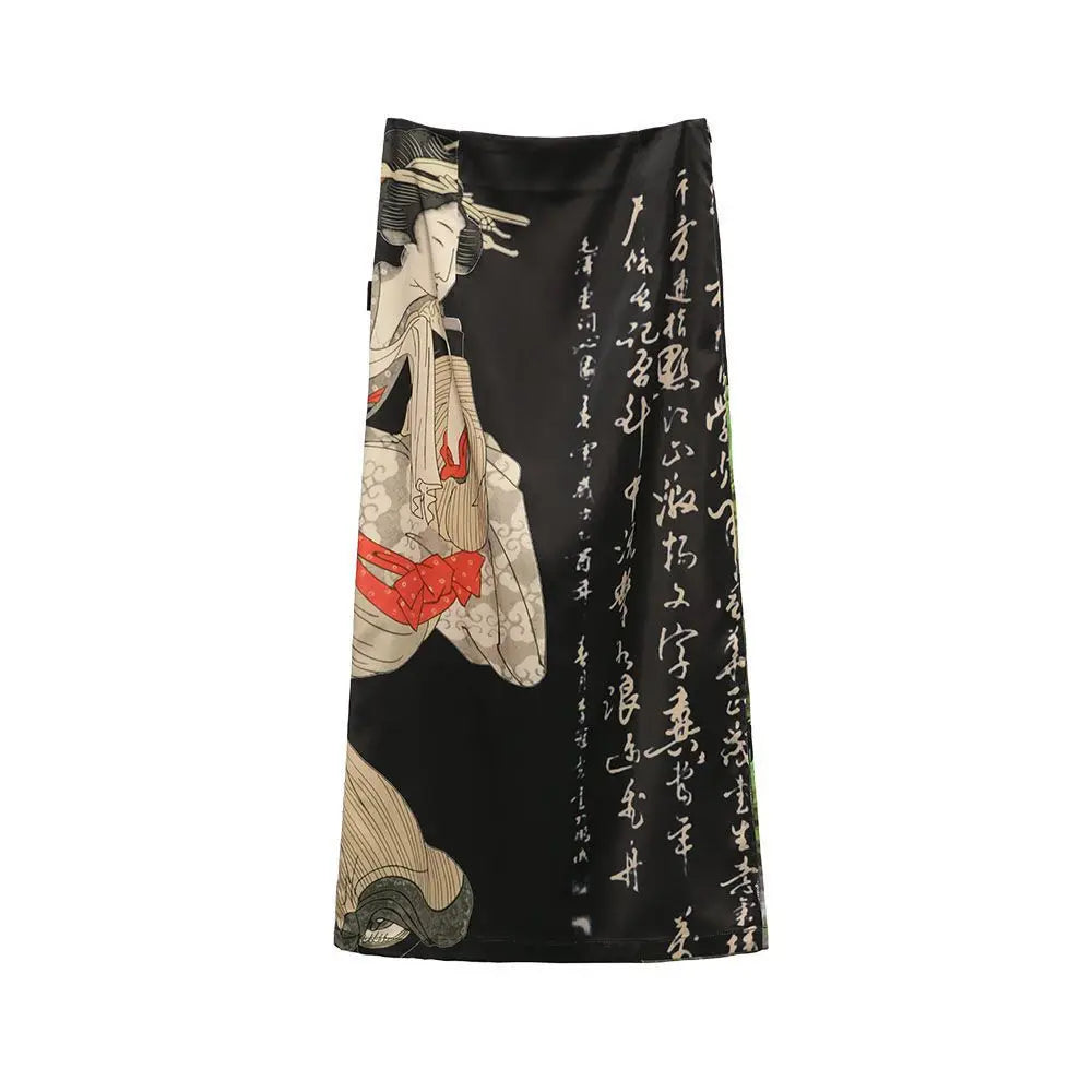 Skirts Women Cool Design Side-Slit Retro Leisure Simple Chinese Style Print All-match Comfortable High Waist Fashion Streetwear