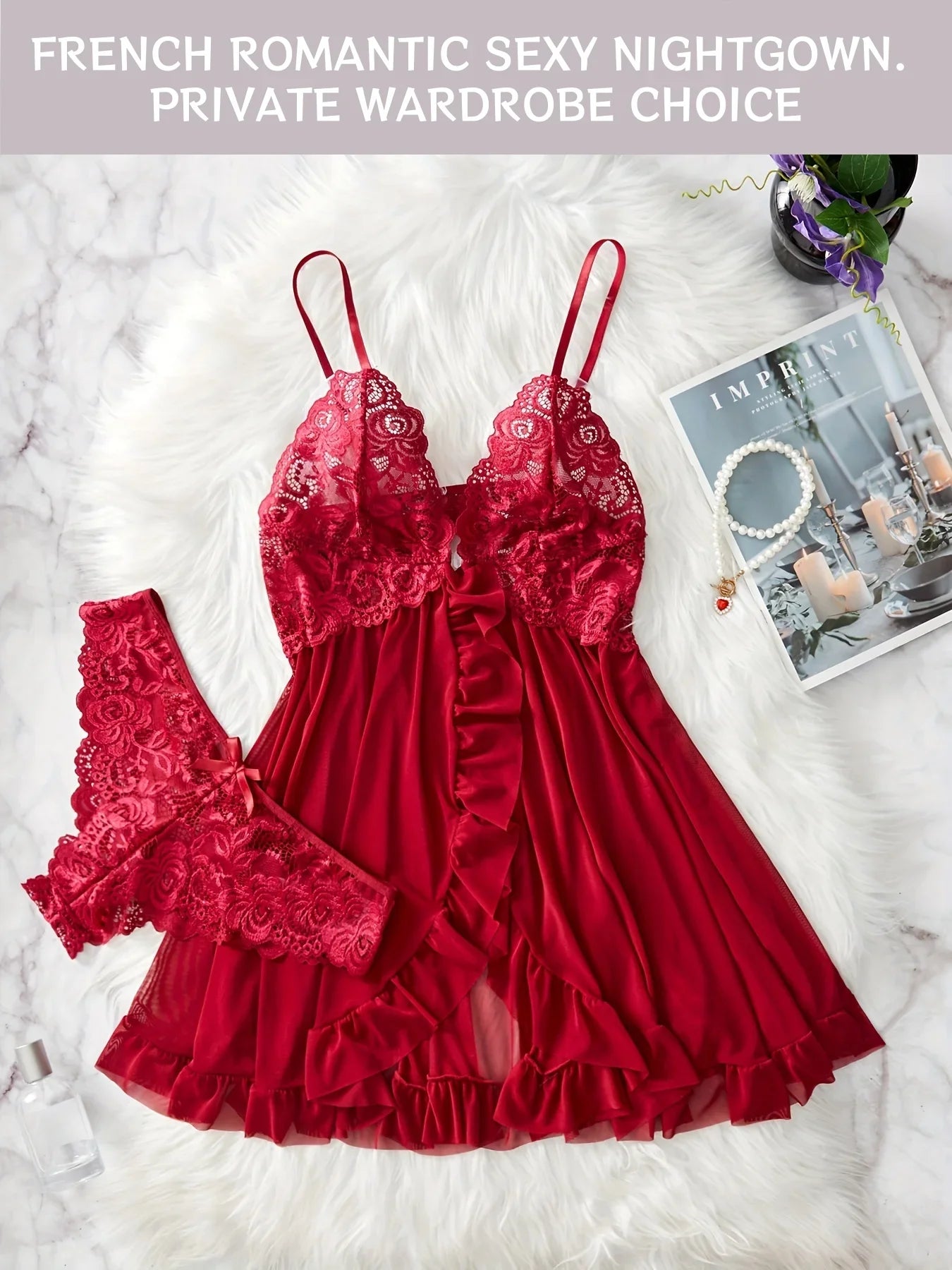 Women Nightdress Sexy Lace Chemise Bow Nightgown Sleepwear Solid Slim Soft Dresses V Neck Full Slip Sleepwear & Dresses