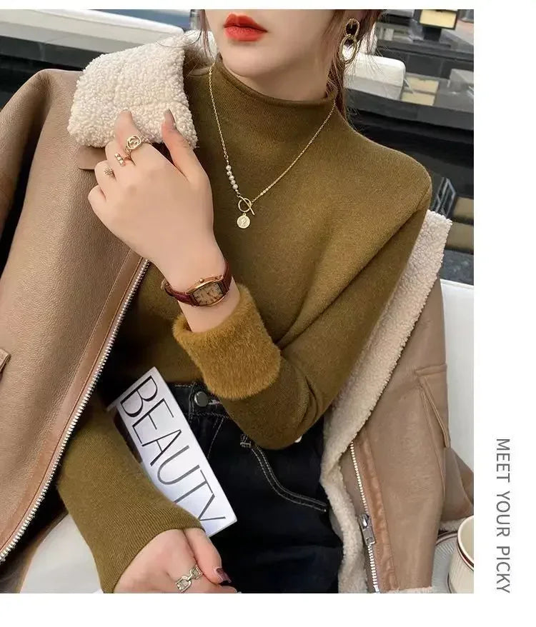 2025 Sweater For Women Casual Thick Warm Knit Plush Velvet Lined Pullover Tops Fall Winter Soft Knitwear Jumper New Slim Poleras