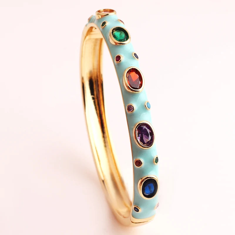 Luxury Colorful Enamel Bangles Bracelets for Women Party Gift Fashion Rainbow Zircon CZ Bangles Original 18K Gold Plated Jewelry