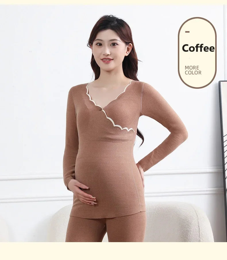 Winter Maternity Padded Warm Pajamas Pregnant Women's Homewear with Cups No Need to Wear Bra Breastfeeding Bottoming Underwear
