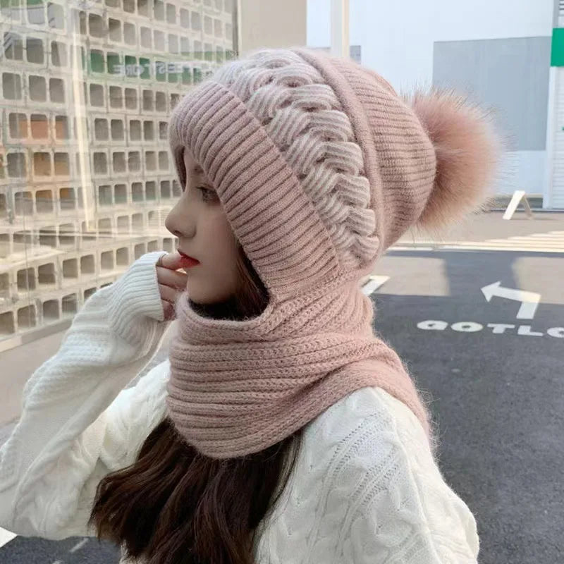 Woolen hat for women, versatile in autumn and winter, Korean version, trendy and warm knit hat with thick velvet and scarf, one-