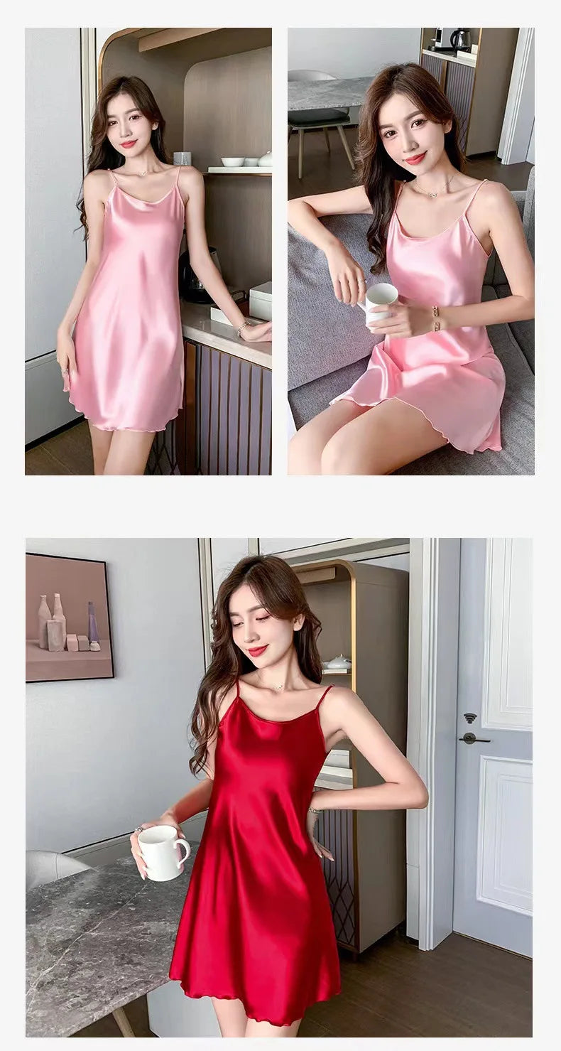 Women Silk Nightgowns Sexy Sleepwear Sleeping Dress Summer Pijamas Backless Slip dress lounge-wear Night Dress Ladies Sleepwear