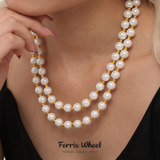 Necklace for Women No Fade Clavicle Chain 12mm White Shell Beaded Stainless Steel Charm Female Jewelry Gift