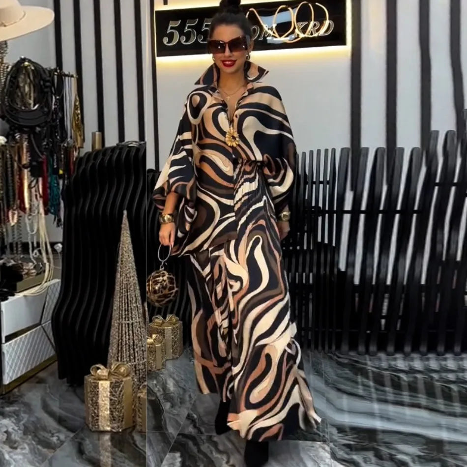 Women's Two Pieces Set Spring  Autumn New Elegant Printed Long Sleeves Tops Suits Fashionable Casual Loose Wide Leg Pants Sets