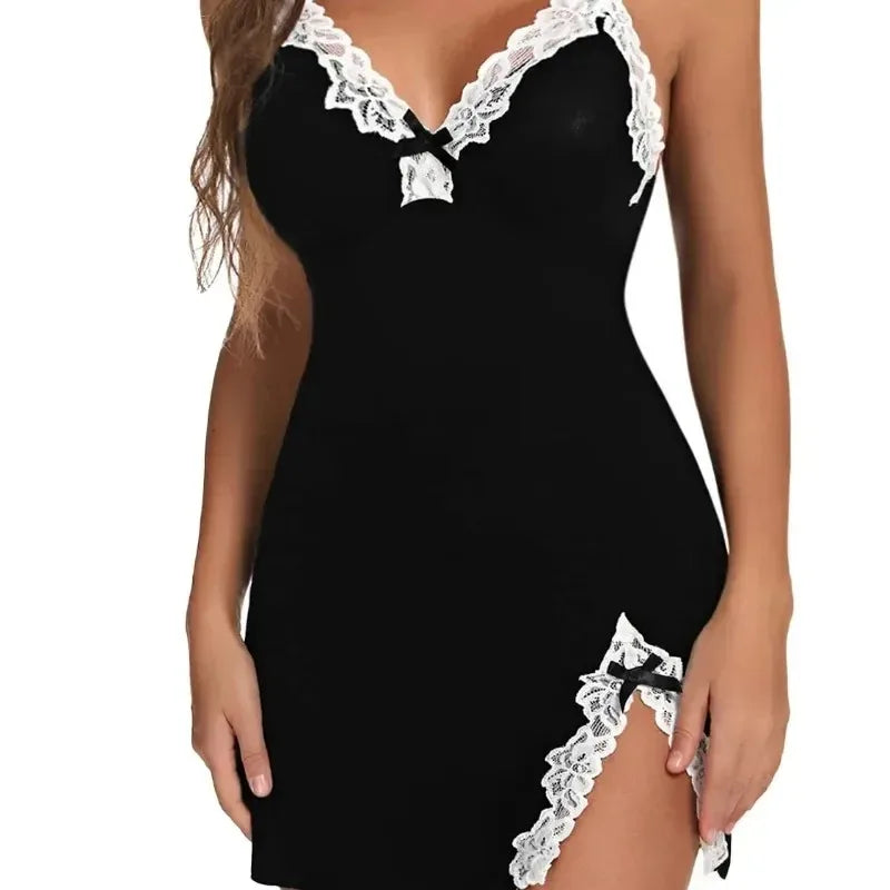 Women Sleepwear Lace Silk Satin Nightdress Sexy Lingerie Sleeveless Nighties V-neck Nightgown Nightdress Nightwear Sleepshirts
