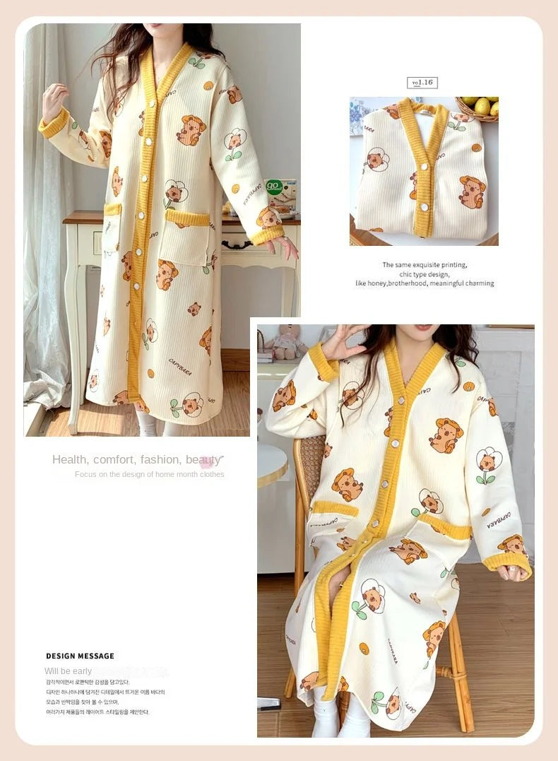 Maternity Sleepwear Nursing Nightwear Long Sleeve Robe Loose Fit Pregnant Women Homewear Winter Comfortable Fleece Nightwear