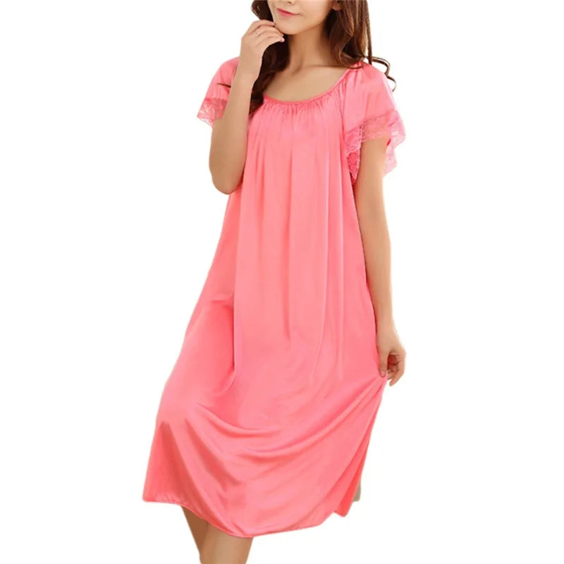 Women Night Gowns Sleepwear Lace Patchwork Nightwear Long Sleeping Dress Casual Ladies Home Dressing