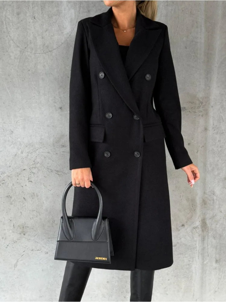 Women Double Breasted Woolen Outerwear Solid Color Long Overcoat Commuter Style Turndown Collar Lady Outerwear for Autumn Winter