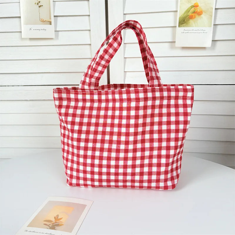 Portable Women's Bento Handbags Simple Plaid Ladies Small Tote Purse Shoulder Bags Retro Female Cloth Reusable Shopping Bag