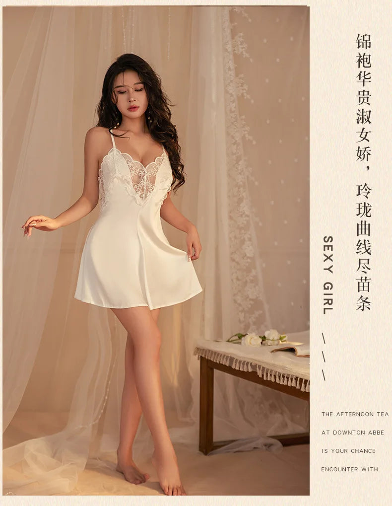 Women's Sleepwear Night Dress Backless Sexy Lingerie Nightgowns Sexy Lace Nightwear V-Neck Sling Nightdress Sleeveless Homewear