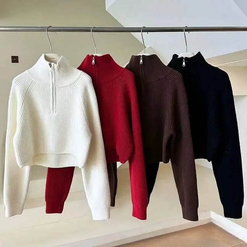 Sweater Pullover Women Autumn Winter 2025 New Zipper Underlay Loose Short Style Popular Premium Sweater Female Tops