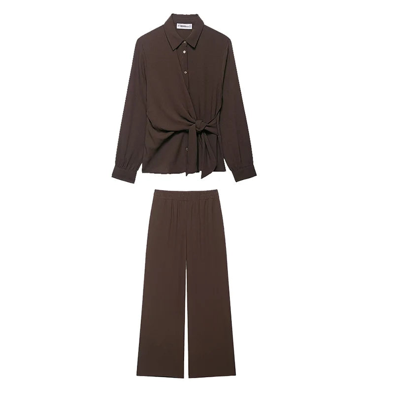 Women's Casual Suit Women Shirts Top+ Wide Leg Pants Two Pieces Sets For Women Long Sleeve Shirts Elastic Waist Trousers Suit