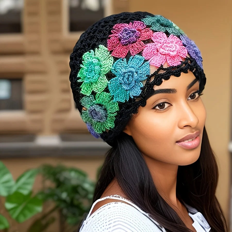 Women's Bohemian Floral Hat - Lightweight Elastic Stretch Fit, Handmade Crochet Design with Multicolor Flowers Breathable Summer