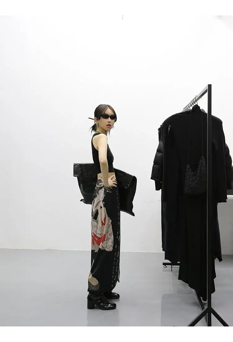 Skirts Women Cool Design Side-Slit Retro Leisure Simple Chinese Style Print All-match Comfortable High Waist Fashion Streetwear