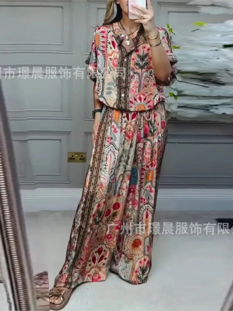 Woman 2 Piece Set Outfit New Summer Fashion Casual Loose Printed Short-sleeved Top + Wide-leg Trousers Two-piece Suit For Women