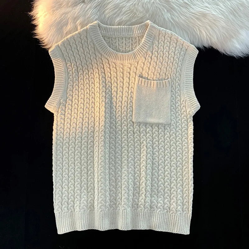 Sweater Vest Men Winter Students Knitwear Harajuku Round Neck Pockets Handsome Casual Streetwear Unisex Preppy Stylish Ins