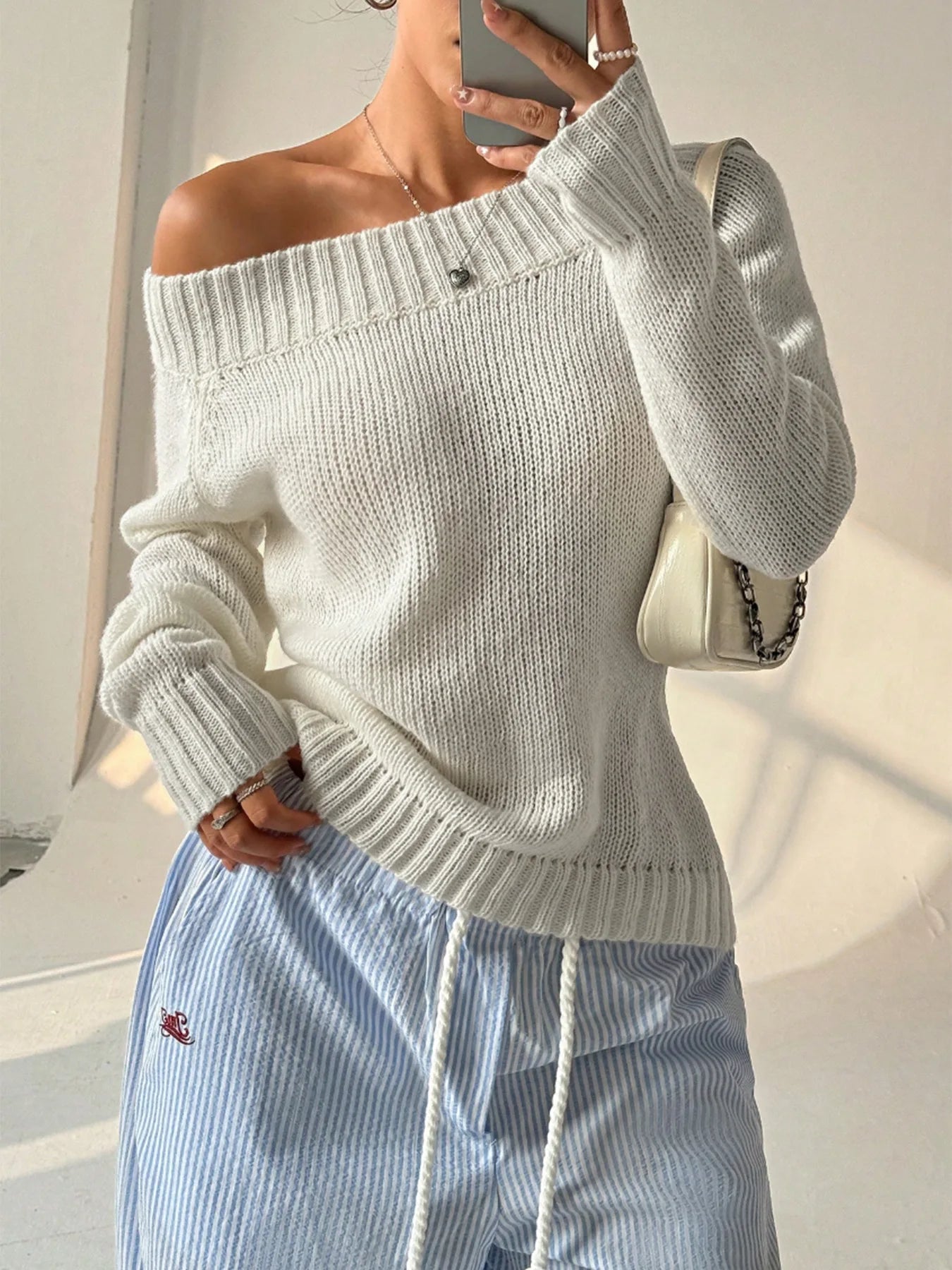 Sweater  Autumn/Winter White Simple One Word Collar Hoodie With Oblique Shoulder Out Long Sleeve Women's Knitted Casual Women