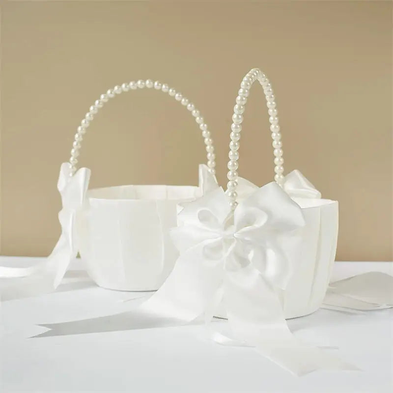 White Girls Flower Basket Silk Wedding Basket Flower Bride Girls Kids Hand Held Wedding Party Wedding  Bridal Flower Basket