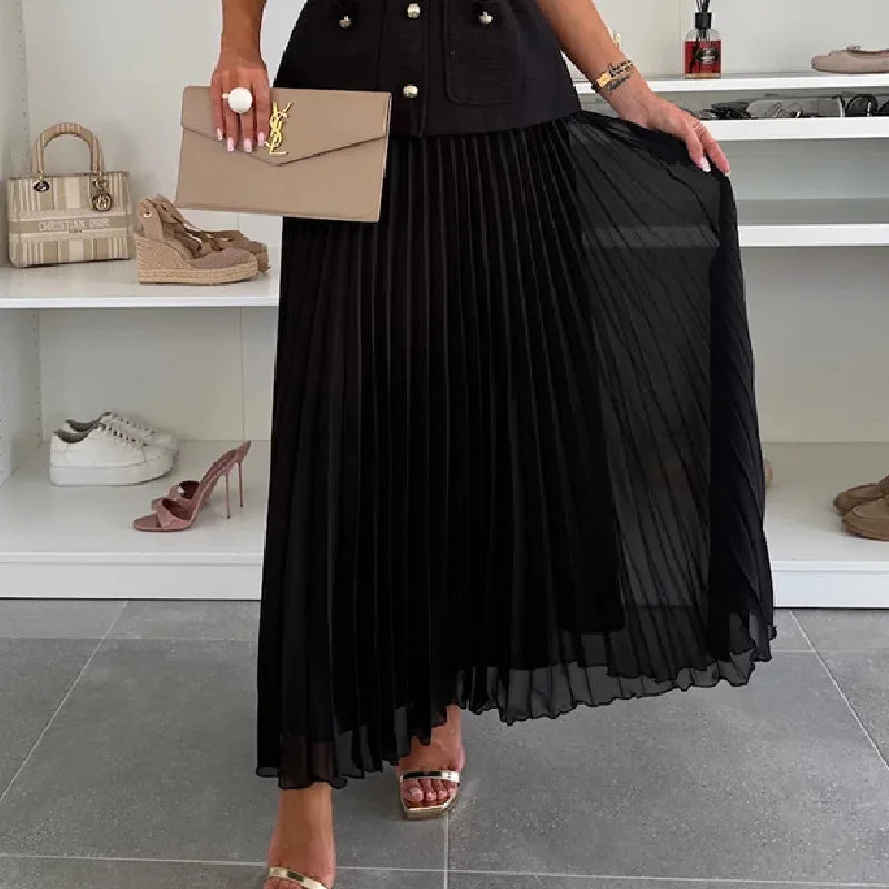 Elegant Long Dresses 2 Piece Set Women Summer Autumn Top Single Breasted Tweed Jacket A Line Chiffon Maxi Skirts Suits Outfits