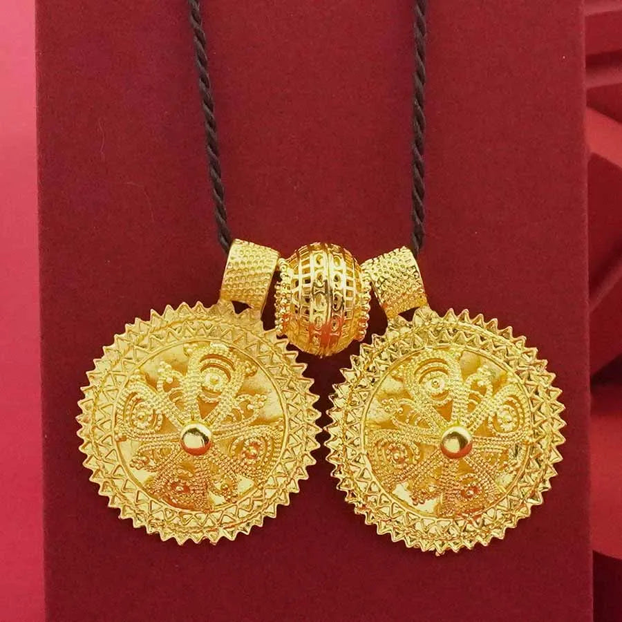 Classic 24K gold-plated jewelry necklace, bracelet, ring, earring flower design women's Habesha wedding gift Ethiopia set
