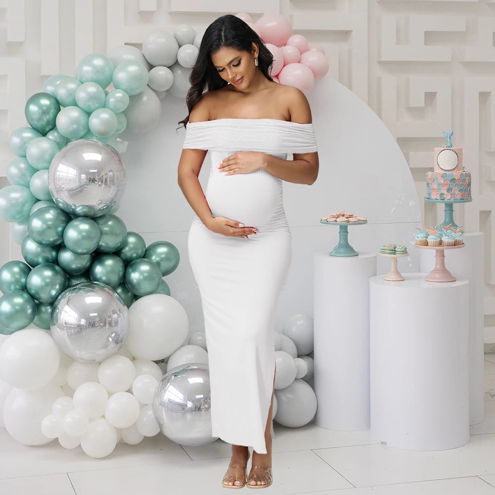 Maternity Elegant Bodycon Dresses Pregnant Photography Dress Mesh off Shoulder Side Slit Wedding Party Pregnant Clothes