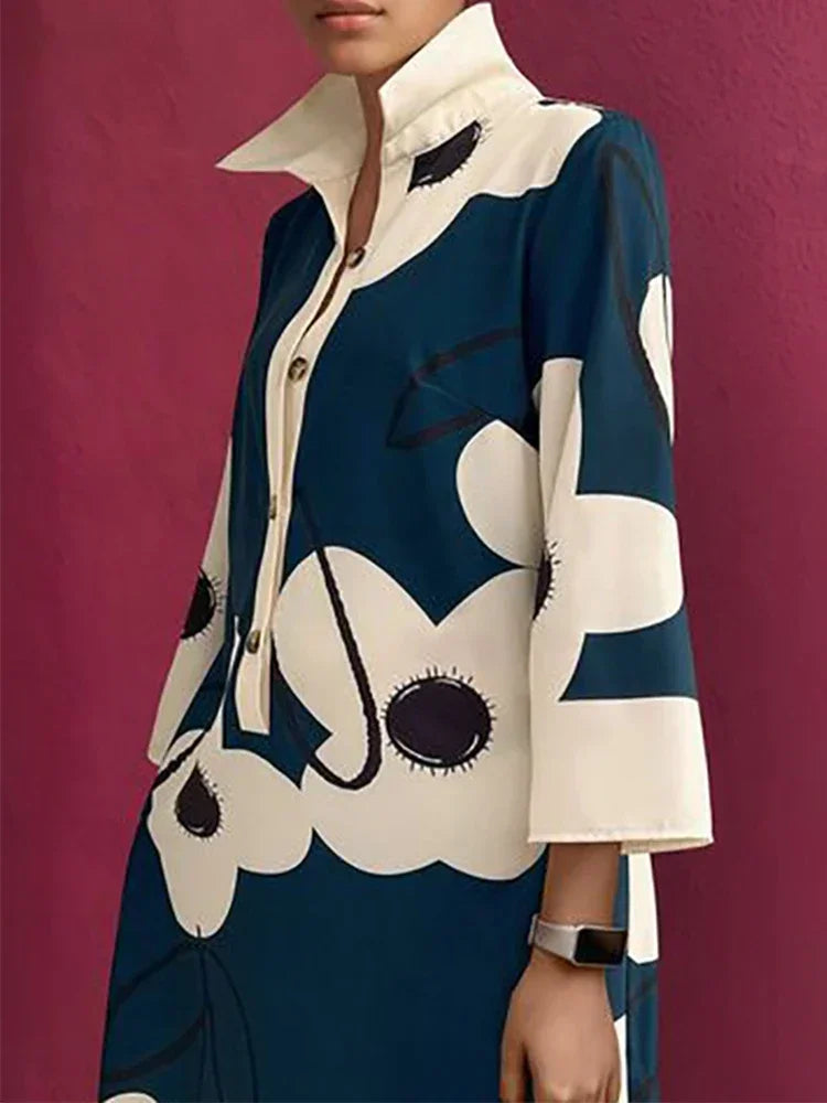 Women Floral Printed Elegant Evening Dresses  NEW Spring Long Sleeves Loose Urban H-line Lapel Shirts Mini Dress
