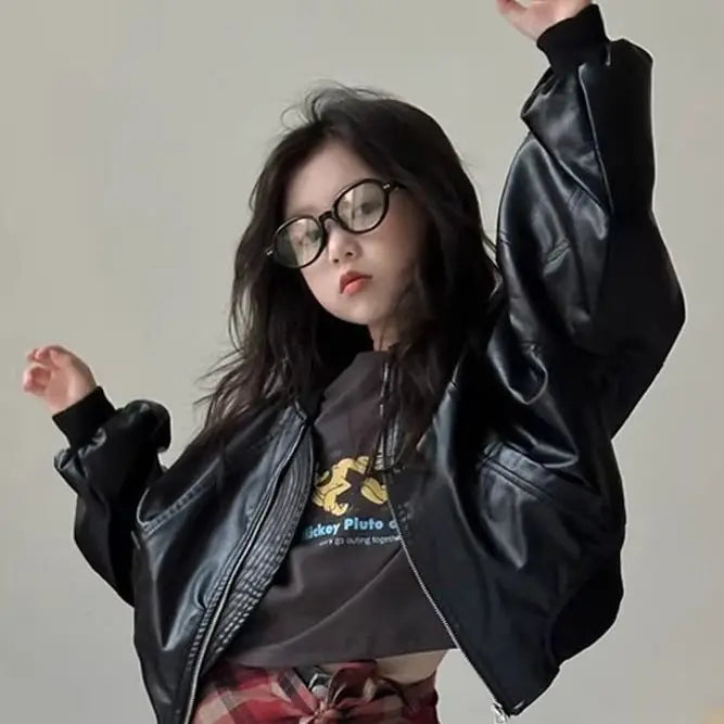 Girls' outerwear Spring and Autumn 2025 New Fashionable Outerwear Short Leather Jacket Autumn Clothing for Children