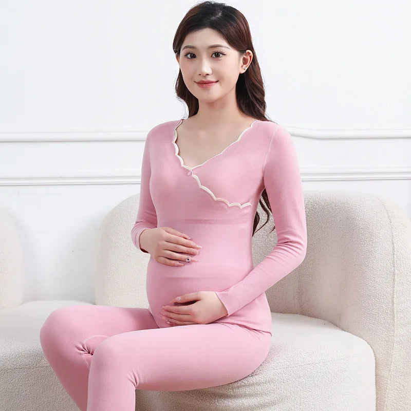 Winter Maternity Padded Warm Pajamas Pregnant Women's Homewear with Cups No Need to Wear Bra Breastfeeding Bottoming Underwear