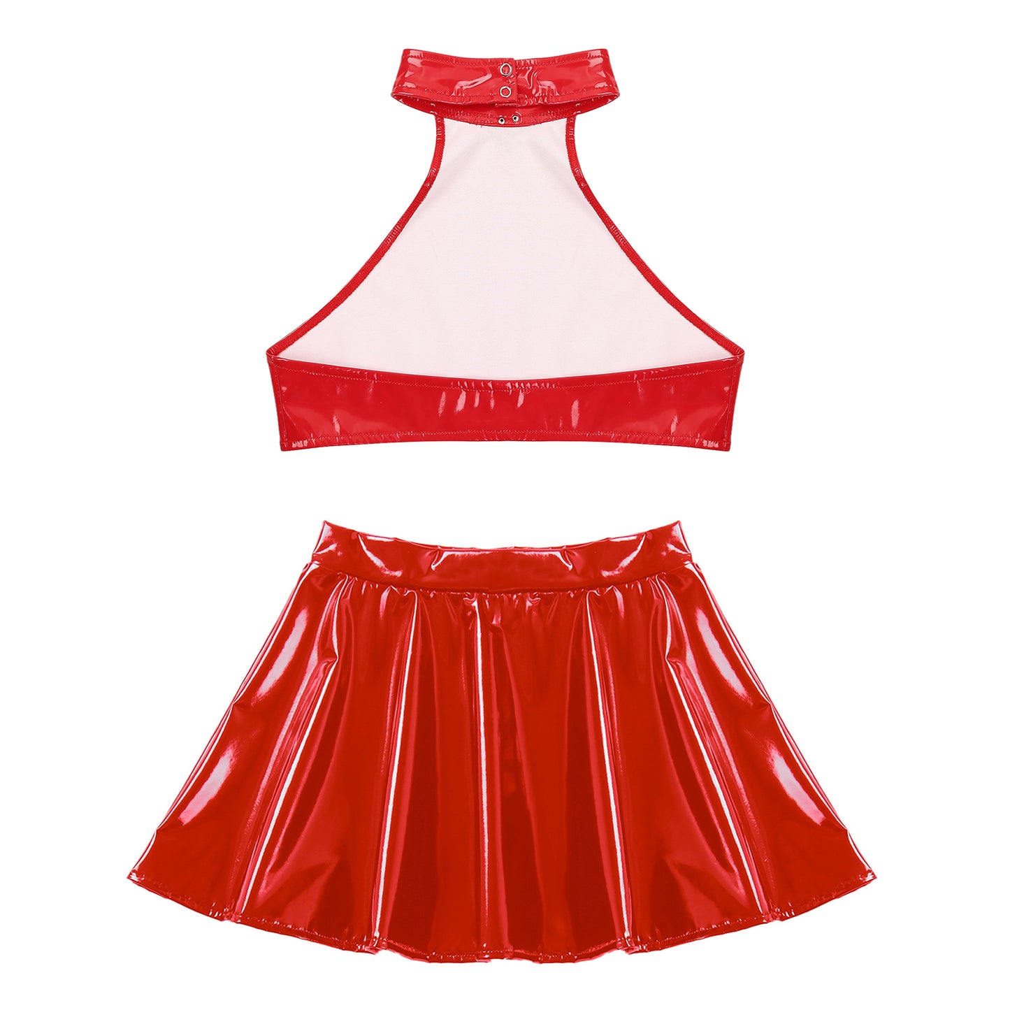 Womens Two Pieces Rave Party Outfits O Ring Halter Vest Tops Backless Patent Leather Crop Top with Invisible Zipper Flared Skirt
