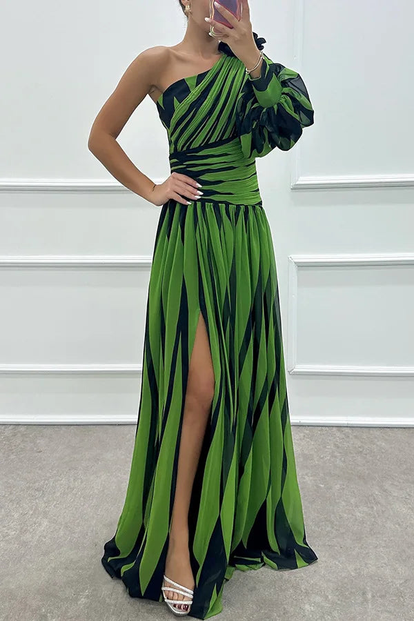Dress Long Dress 2024 Spring and Autumn New Temperament Fashion Printed Slant Shoulder Split Dress INS Casual Loose Party Dress