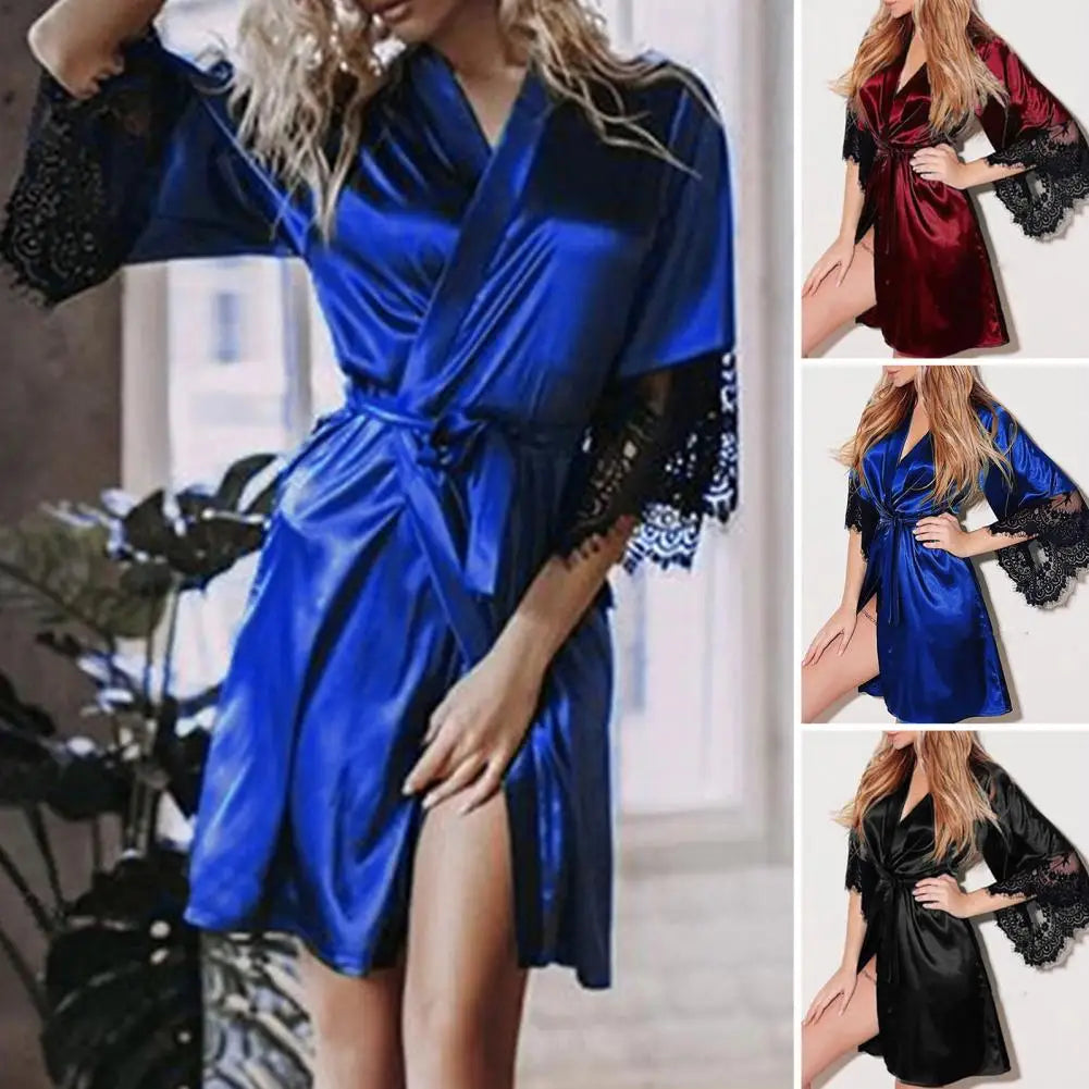Women Nightdress Satin Lace Women Sleeping Robe Sexy See-through Tight Waist Women Pajamas Waist Belt Bath Robe Night Gown