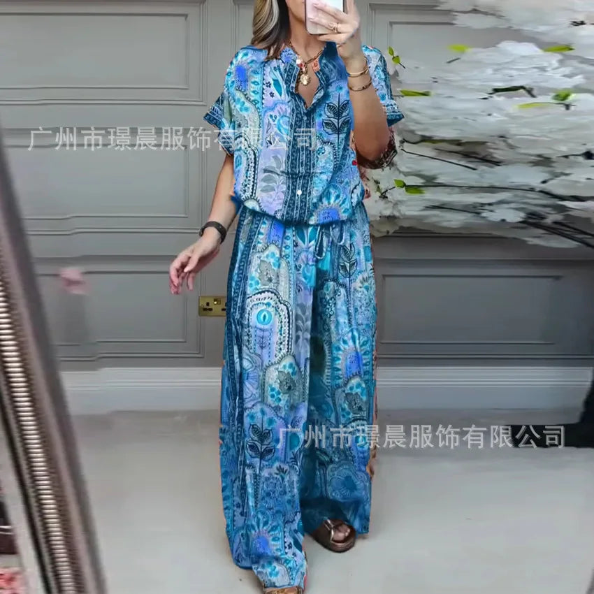Woman 2 Piece Set Outfit New Summer Fashion Casual Loose Printed Short-sleeved Top + Wide-leg Trousers Two-piece Suit For Women