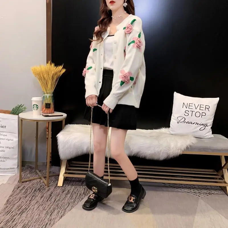 Sweater Female 2023 Spring and Autumn Knitwear Women Heavy Industry Rose Blossom Embroidery Contrast Sweater Coat Cardigan