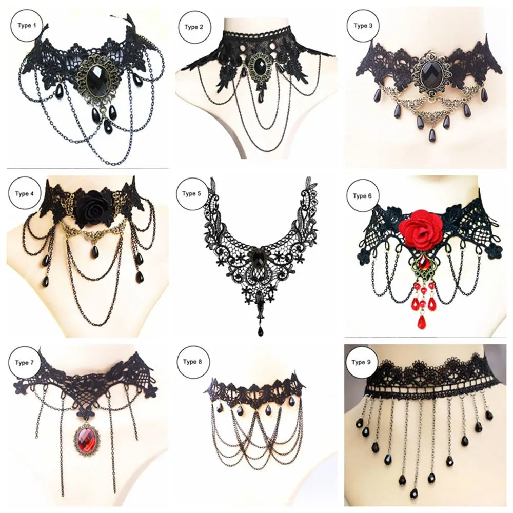 Sexy Black Lace Necklace Vintage Gothic Necklace Steampunk Style Beads Pendant Exquisite Women Choker Fashion Jewelry
