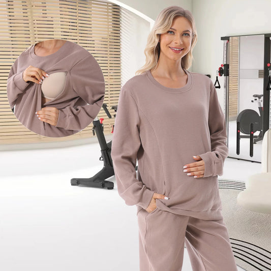 2025 New Maternity Clothes Wear Waffle Breastfeeding Sweater Hoodies Pregnancy Casual Tops for Pregnant Women Autumn Winter