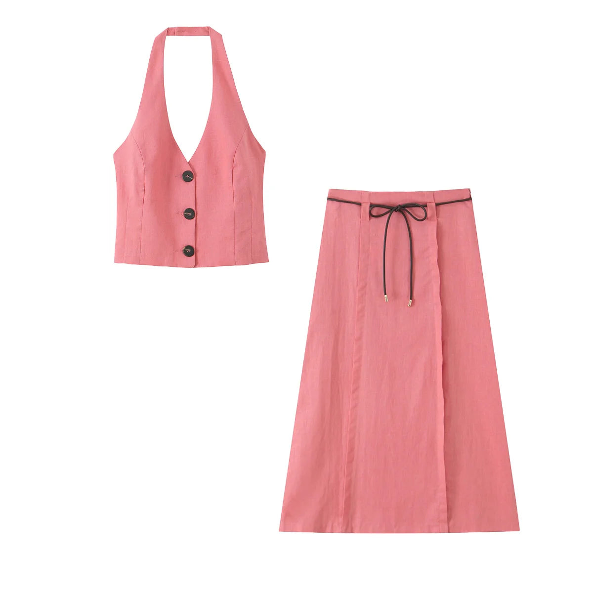 HH Women Skirts Set Hanging Neck Collar Backless Single-breasted Short Tops+A-Line High Waist Lace-up Skirt Women Suits