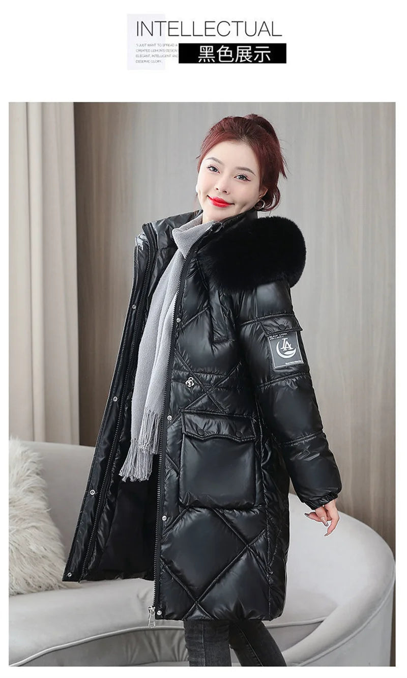 Champagne Winter Jacket Parkas Women Coat Fur Collar Hooded Overcoat Female Jacket Thick Warm Cotton Padded Puffer Parka Outwear