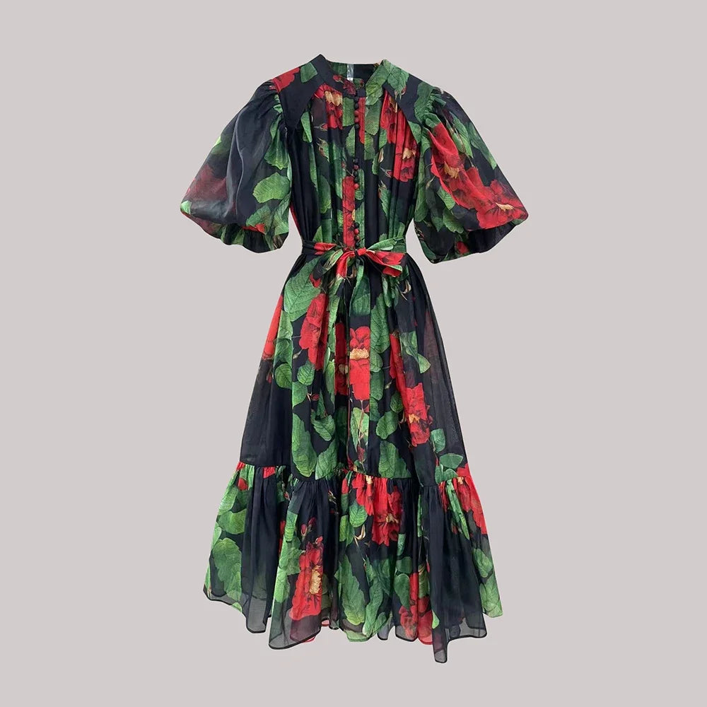 TWOTWINSTYLE Hit Color Spliced Printing Midi Dresses for Women Round Neck Short Sleeves Patchwork Lace Up Elegant Dress Female