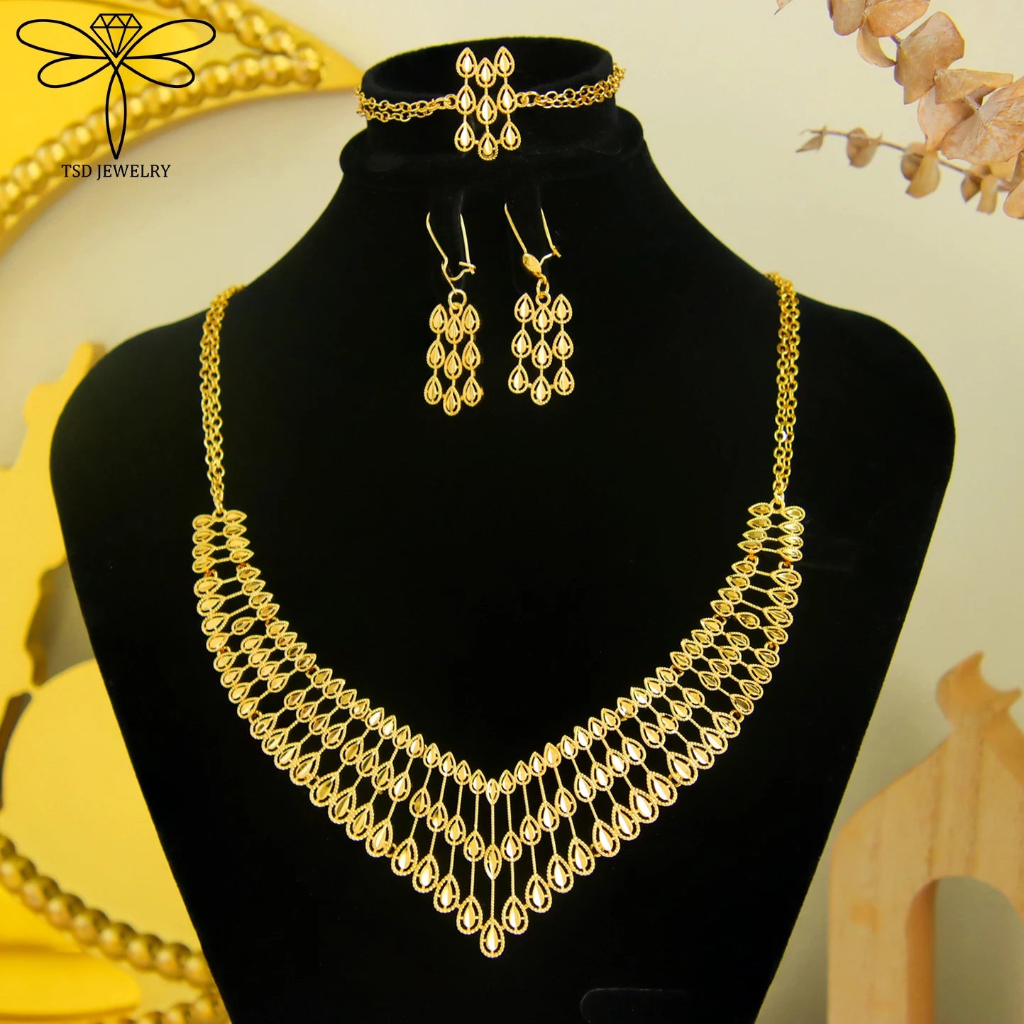 Gorgeous Dubai Wedding Jewelry Set 21k Gold Plated Turkish Vintage Bridal Necklace Bracelet Earrings Moroccan Marry Jewelrys