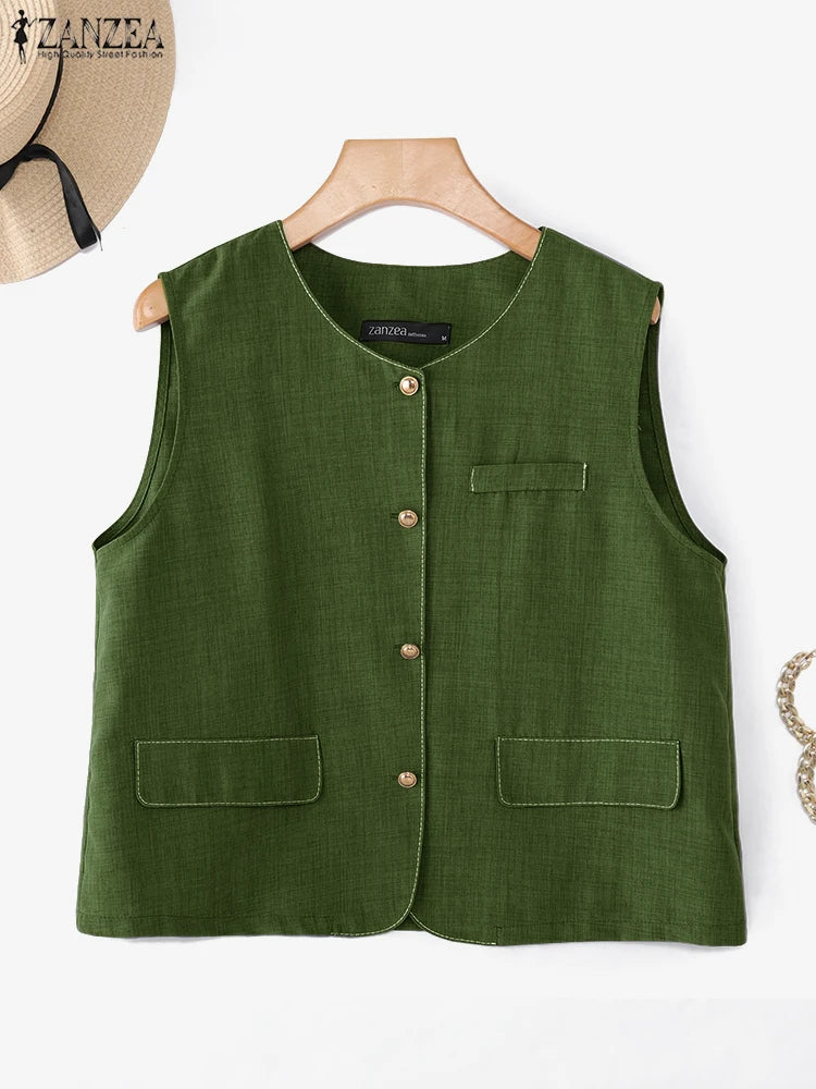 ZANZEA Outerwear 2025 Fashion Women Vests Thin Coats Sleeveless Casual Loose Solid Color Elegant Streetwear Summer Buttons Shirt