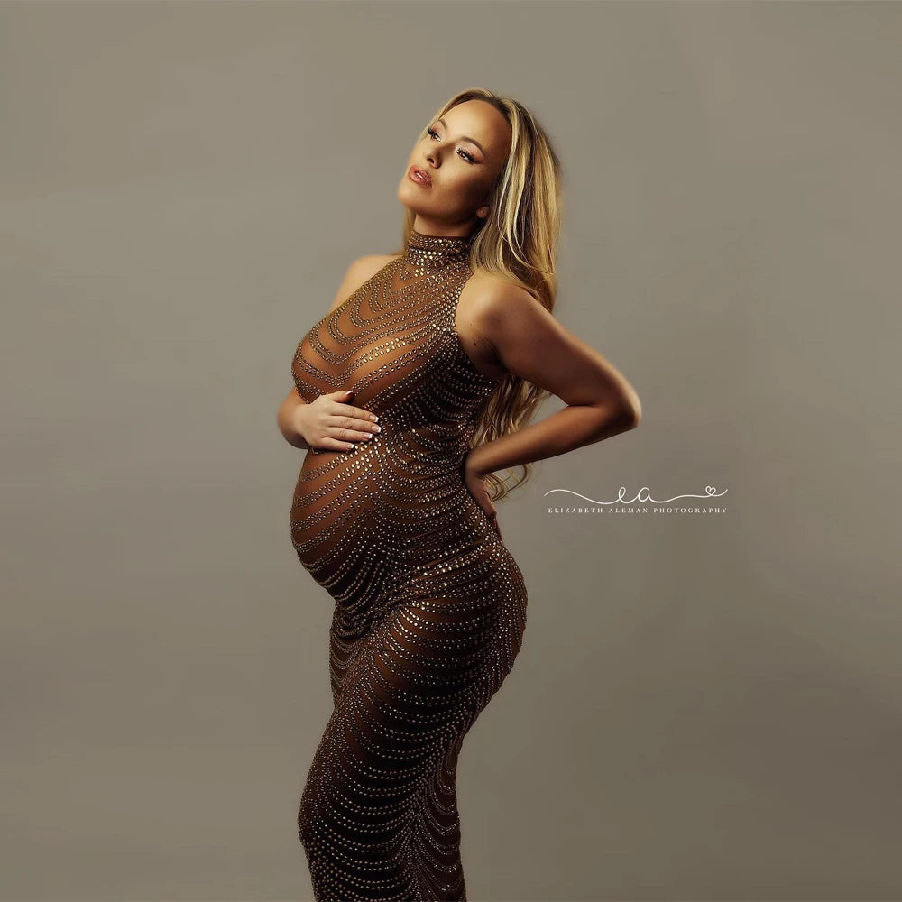 Maternity Gown For Party Sexy Shiny Goddess Bodysuit  Hot Rhinestone  For Photo Shoot Props  Plus Size Senior Pregnant