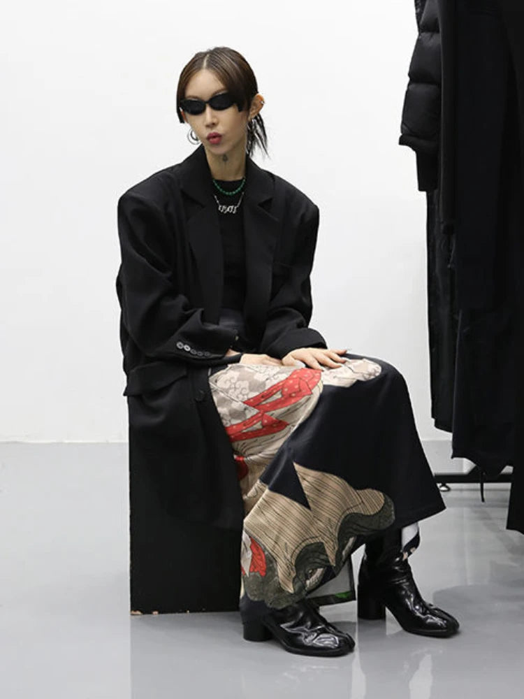 Skirts Women Cool Design Side-Slit Retro Leisure Simple Chinese Style Print All-match Comfortable High Waist Fashion Streetwear