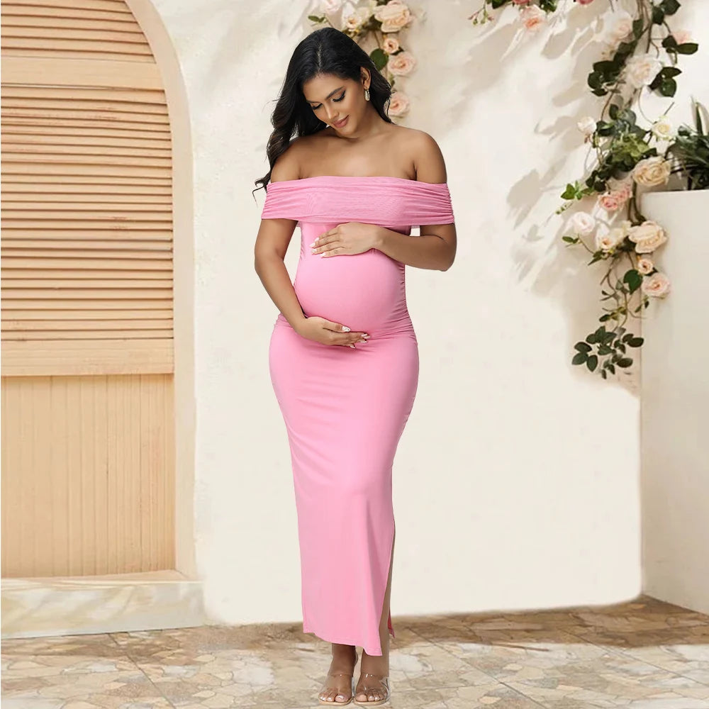 Maternity Elegant Bodycon Dresses Pregnant Photography Dress Mesh off Shoulder Side Slit Wedding Party Pregnant Clothes